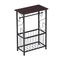 Narrow side table with wood-look top, paper roll bar and wire basket
