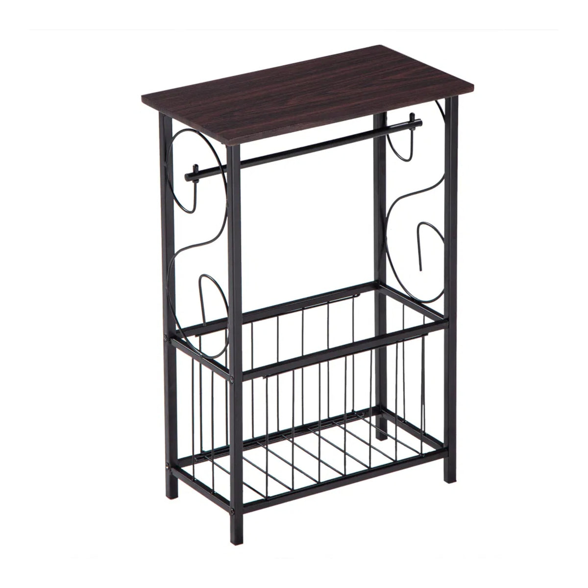 Narrow side table with wood-look top, paper roll bar and wire basket
