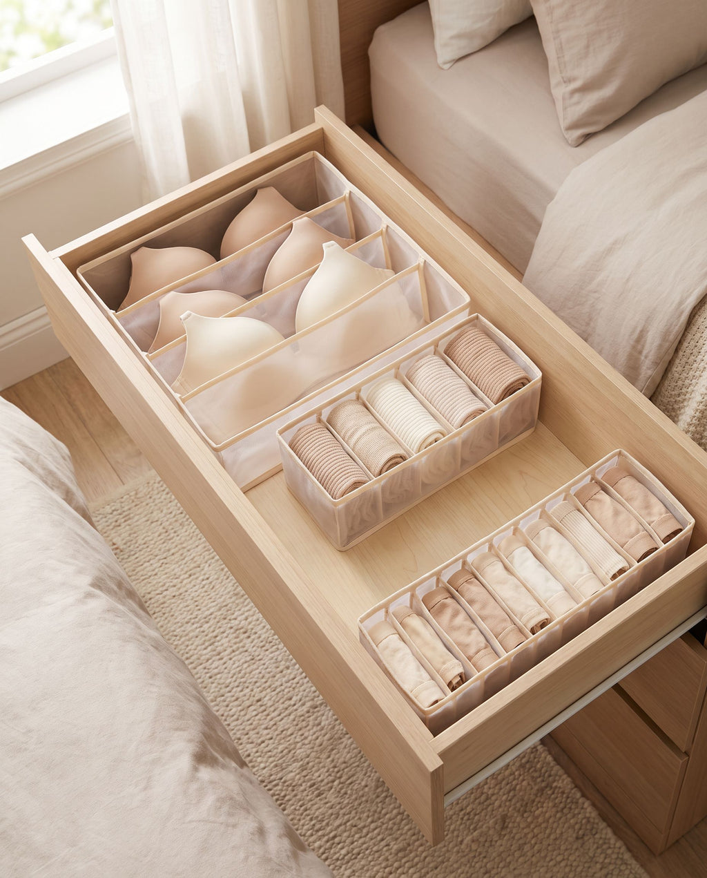 The three beige organizers set into one dresser drawer holding bras, socks and underwear