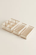 Beige three-piece drawer organizer set with 6, 7 and 11 compartments, empty