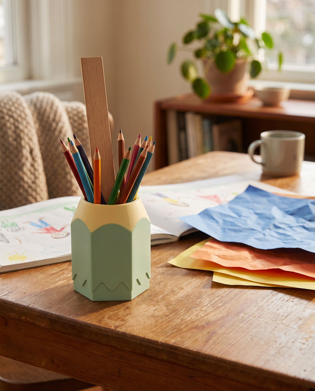 The holder on a craft table holding coloured pencils and a ruler