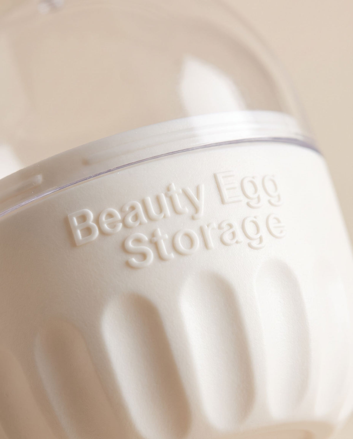 Close detail of the moulded Beauty Egg Storage wording and the clear lid rim