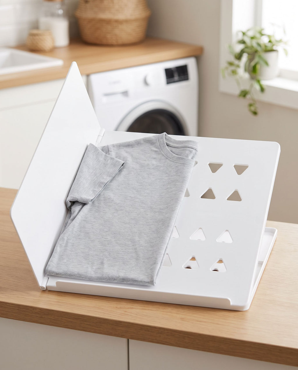 The folding board in use with a t-shirt laid across it and one flap lifted