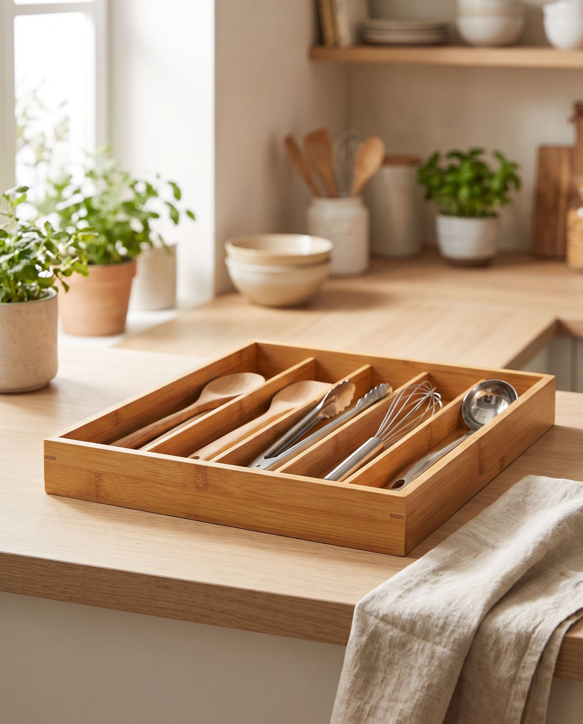 Bamboo cutlery tray on a kitchen worktop holding cooking and serving utensils