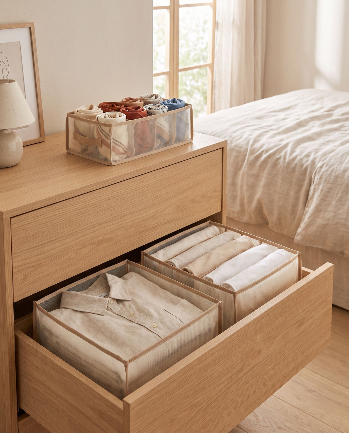 Two organizers in a dresser drawer and the third on top holding rolled scarves
